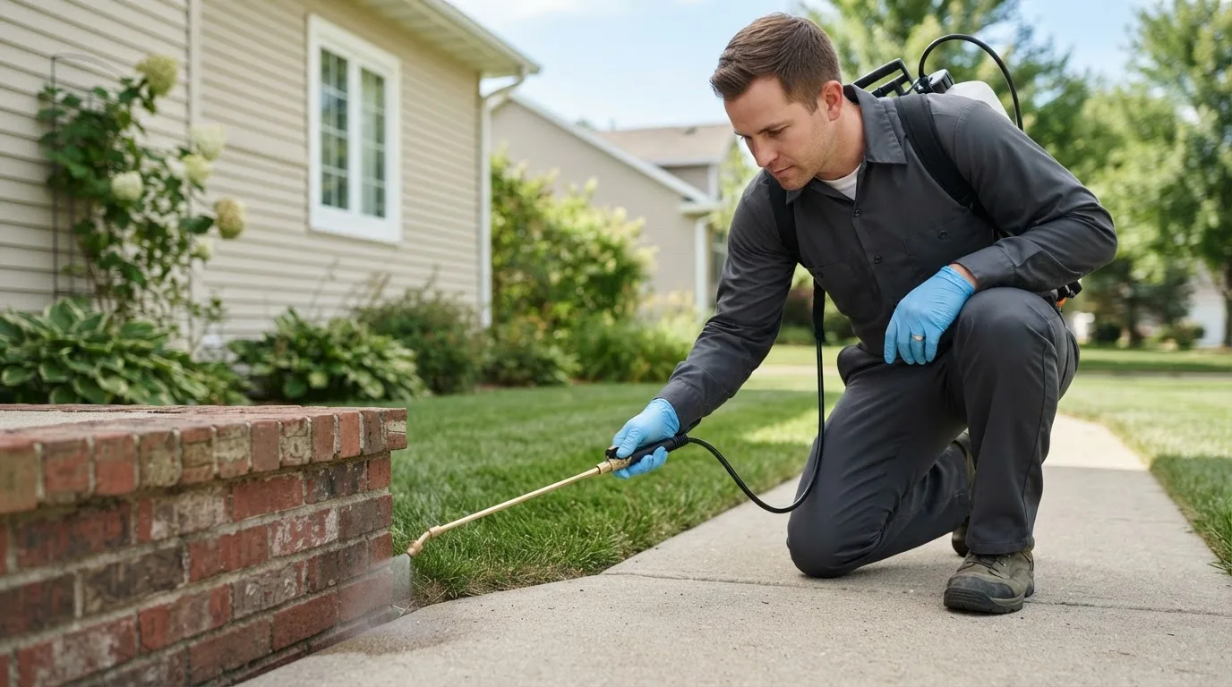 Pest control technician treating a home near Manly, IA