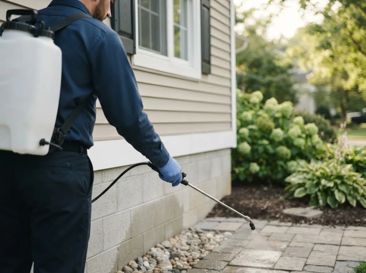 Pest control technician inspecting a home in Manly, IA